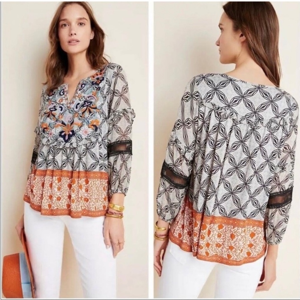 ANTROPOLOGIE V-Neck Embroidered Multi Color/Print 3/4 SLV Lace Peasant Blouse